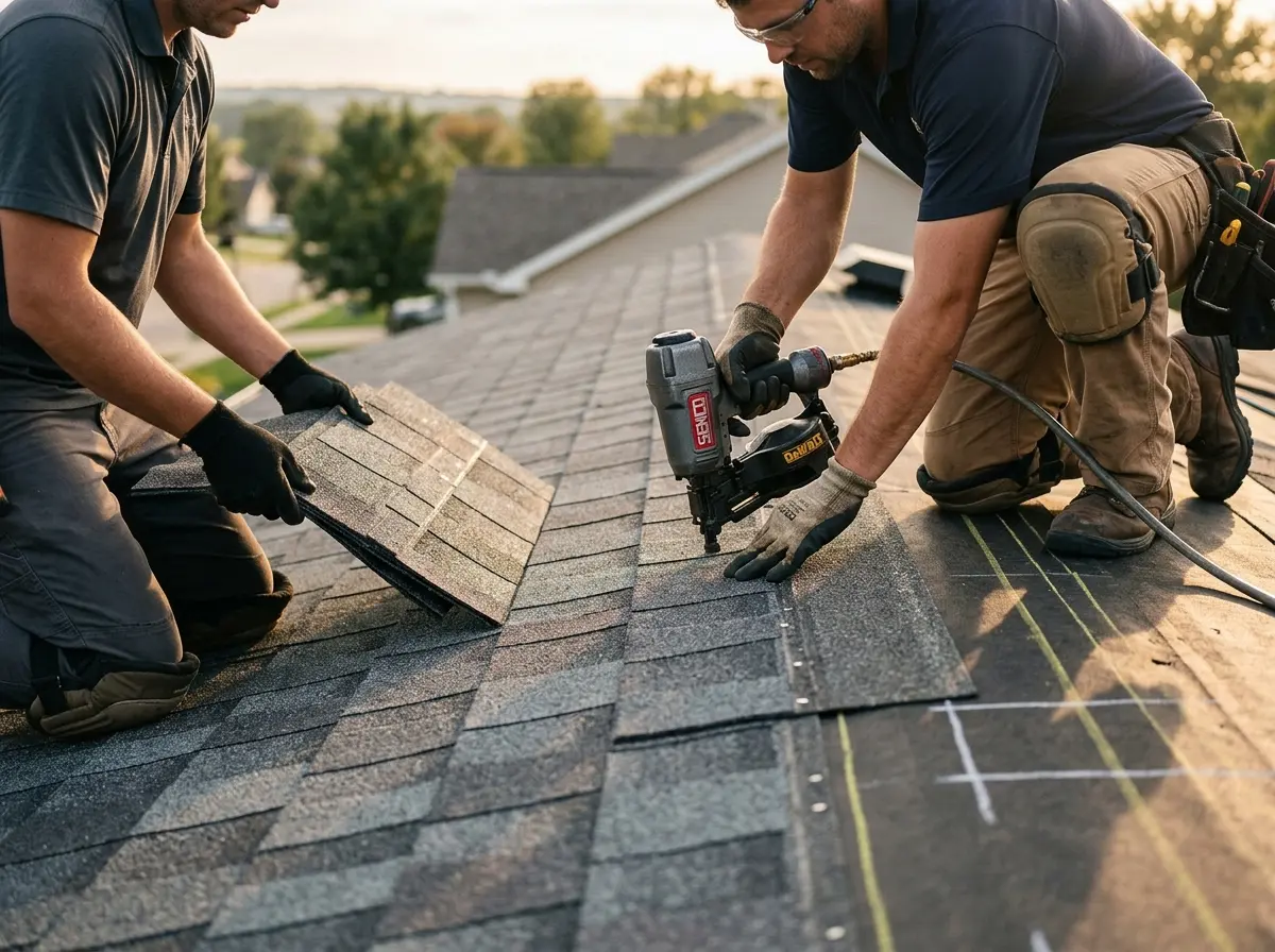 Professional roofer working on a residential roof in Paterson